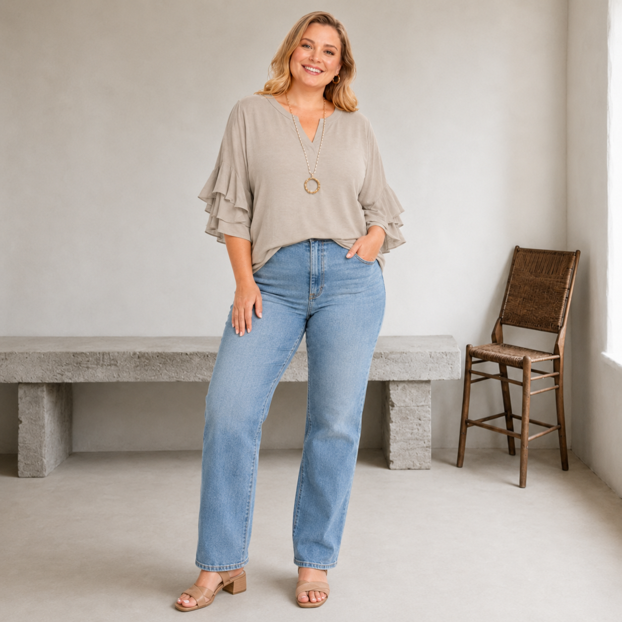Plus Size Ruffle Sleeve V-Neck Shirt Top
