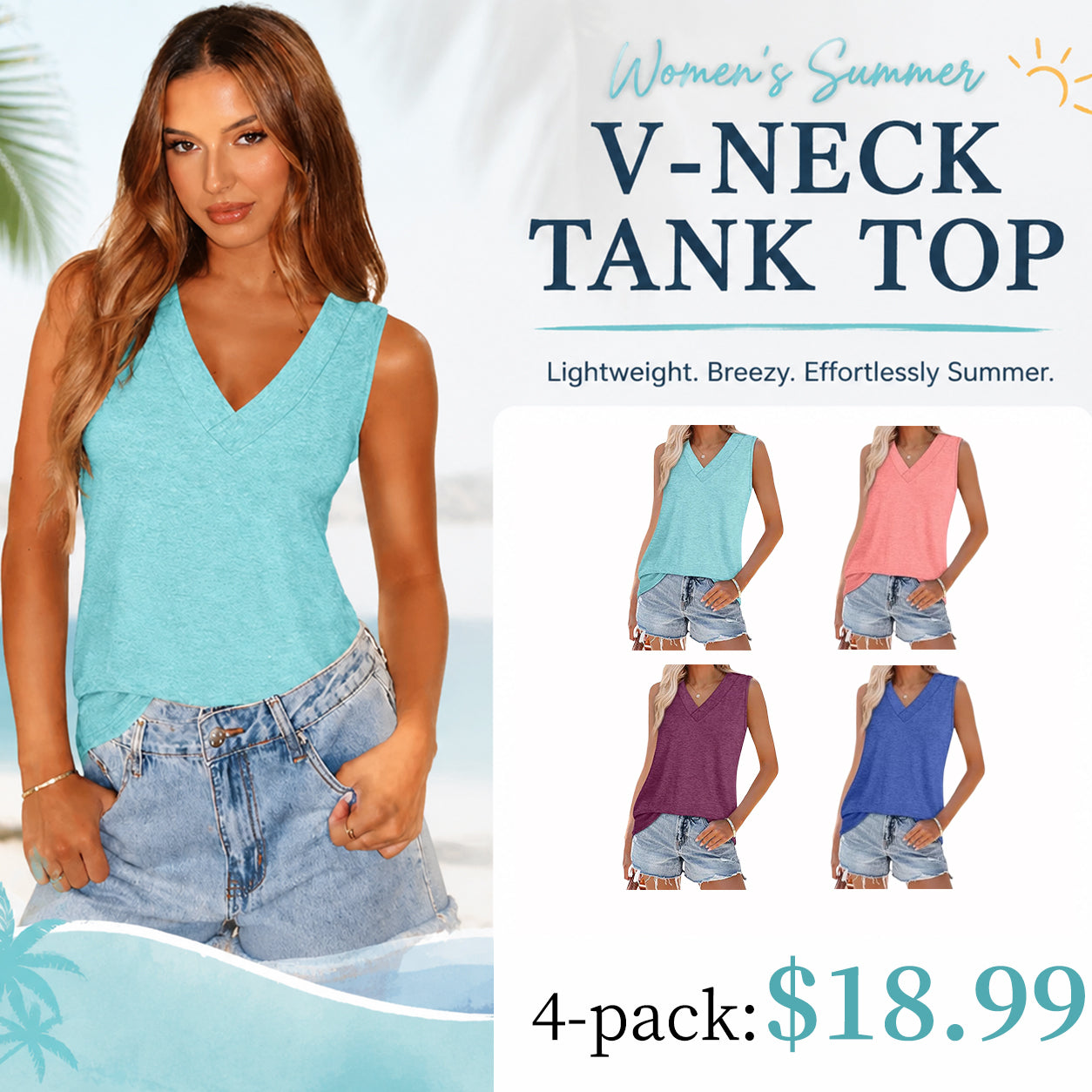 Women Loose V-Neck Sleeveless Tank Tops, Soft Basic Summer Casual Shirts With 12 Colors Optional