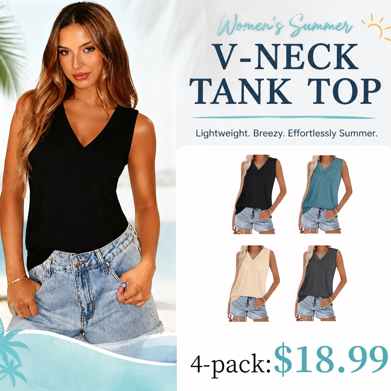 Women Loose V-Neck Sleeveless Tank Tops, Soft Basic Summer Casual Shirts With 12 Colors Optional